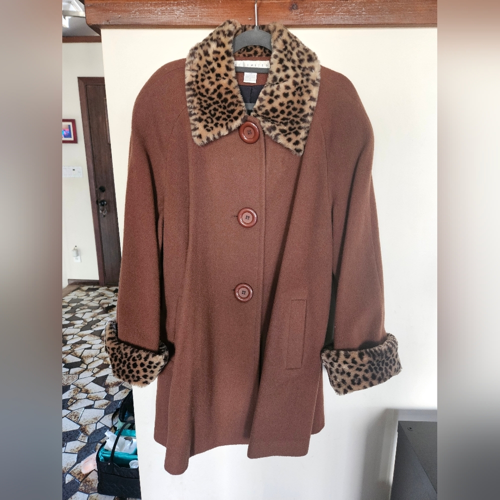 LIMITED Womens Brown Wool Coat with Faux Leopard Trim